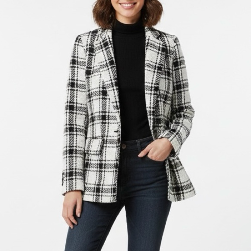 EVEREVE Kennedy Blazer Black & White Tweed Tartan Plaid One Button Jacket XS